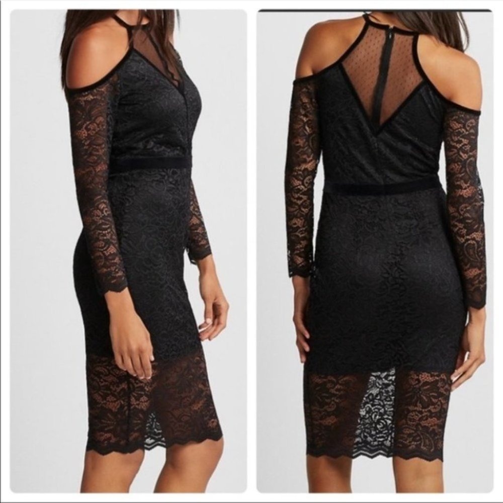EXPRESS Lace Velvet Piped Cold Shoulder Sheath‎ Dress Size 00 Petite